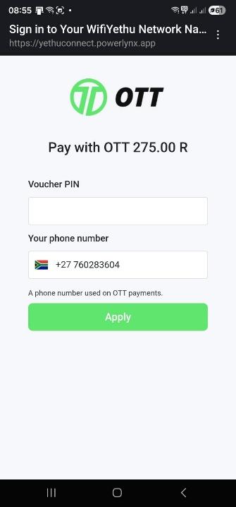 OTT Voucher PIN entry screen