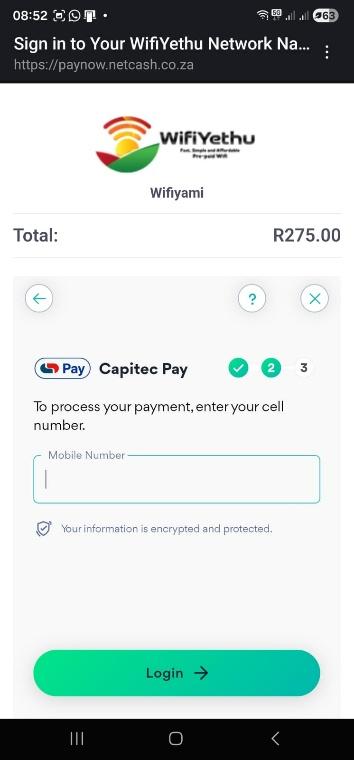 Capitec Pay mobile number entry screen