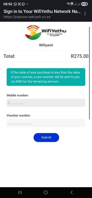 1Voucher voucher number and PIN entry screen
